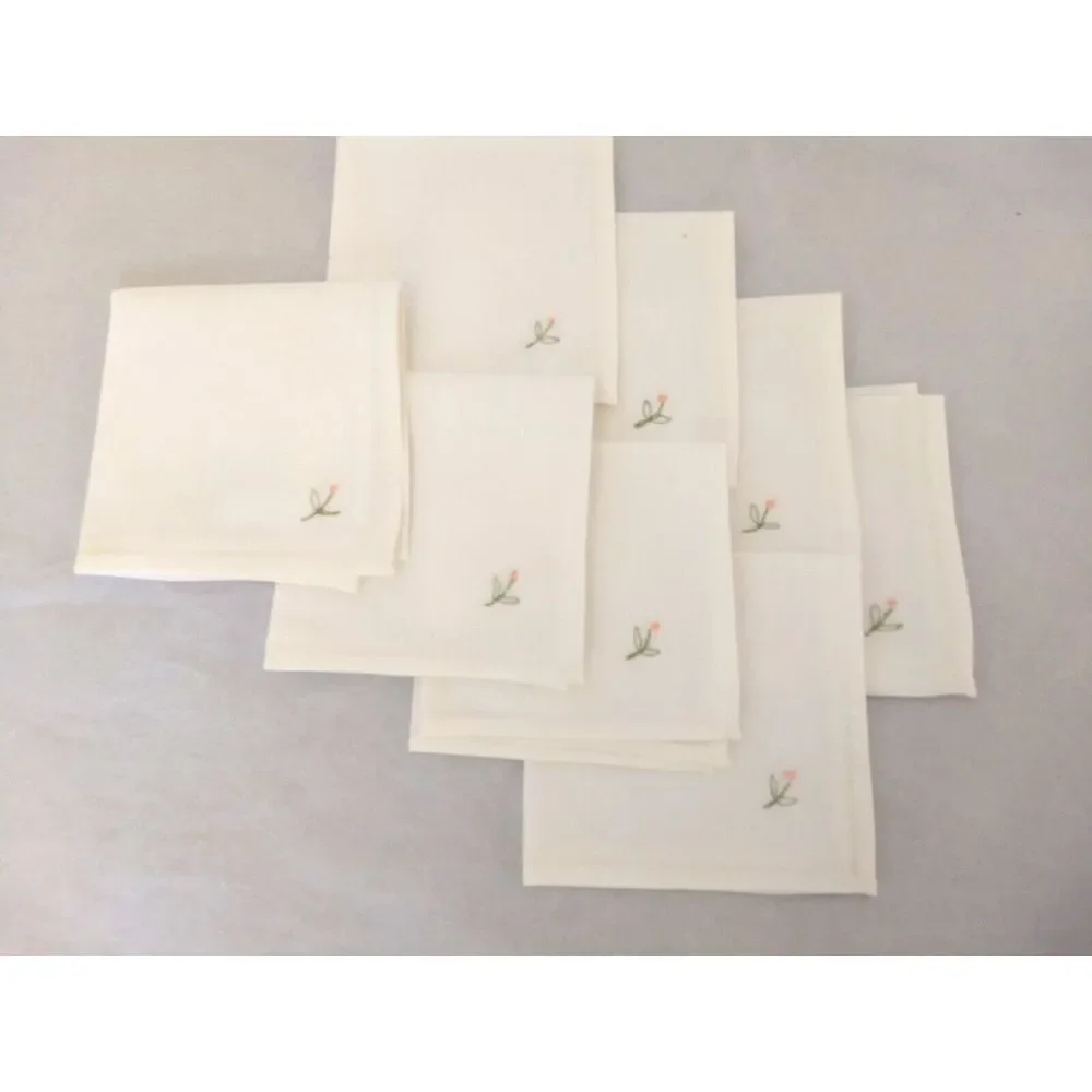 VTG Embroidered White Linen Floral Teacloth TABLECLOTH & 8‎ NAPKINS Scallop Edge